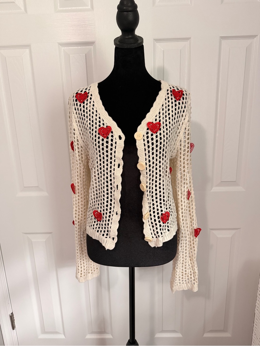 Cream Crochet Heart-Embellished Cardigan Sweater Size M NWOT